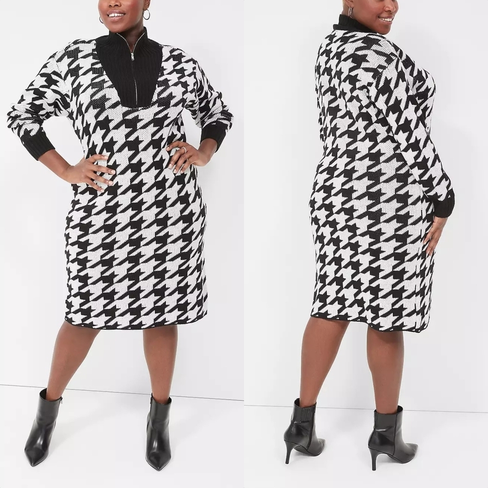 Lane Bryant Zipper Mock-Neck Long Sleeve Sweater Sheath Dress in Houndstooth